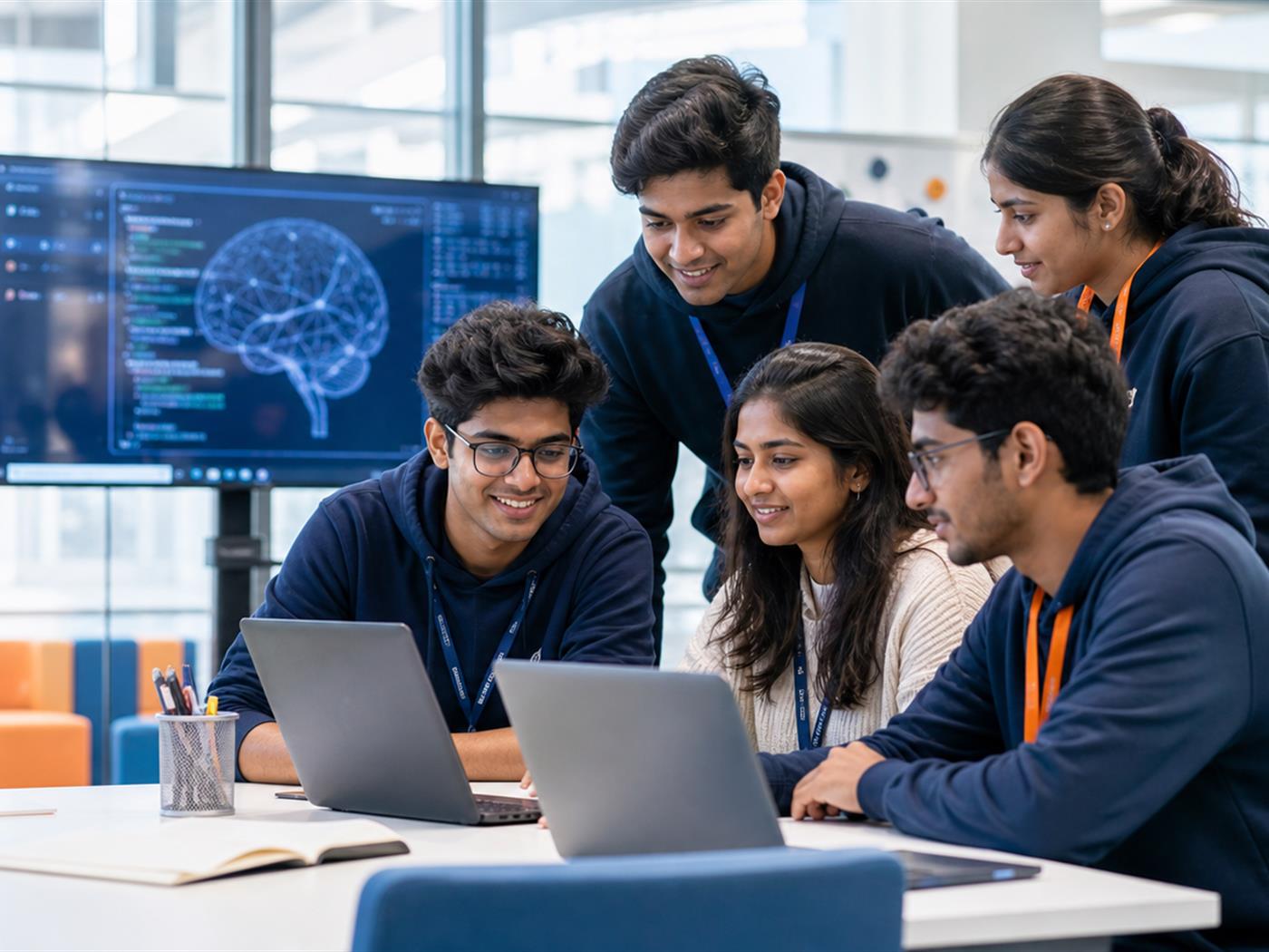 Students collaborating on responsible AI prototypes in a campus innovation lab